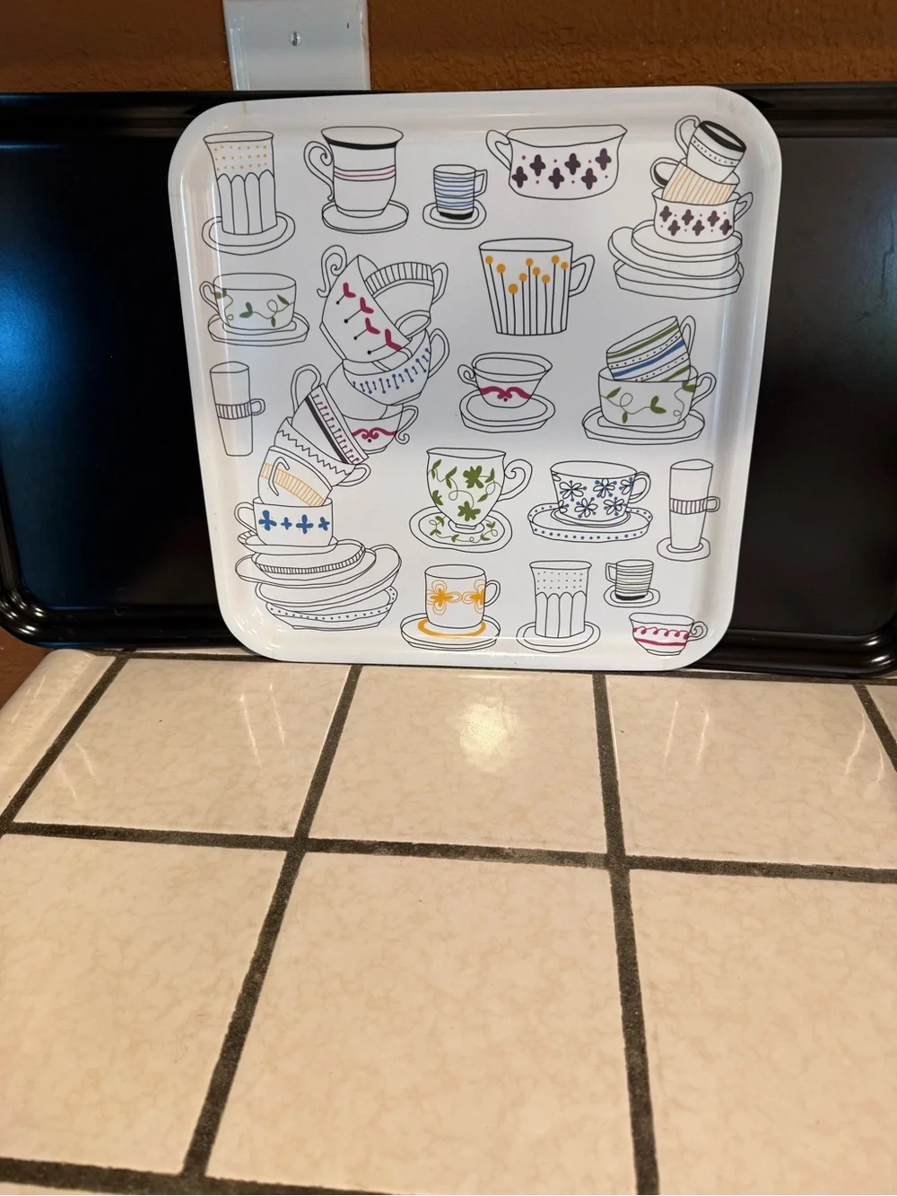IKEA White Serving Tray with Multicolor Teacup Illustration + 2 black trays